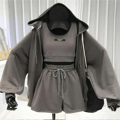 1 Set Casual Three Pieces Women Coat Drawstring Shorts Vest Set Breathable Women Hoodie Pocket Design Zipper Closure for Female