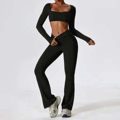 2 Pieces Women Tracksuit Yoga Set Workout Sportswear Gym Clothing Fitness Long Sleeve Crop Top High Waist Leggings Sports Suits