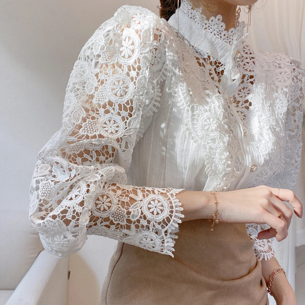 Women's Elegant Embroidery Lace Blouses Flower Petal Sleeve Hollow Out Stand Collar Tunic Spring Solid White Shirt Top For Women