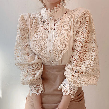 Women's Elegant Embroidery Lace Blouses Flower Petal Sleeve Hollow Out Stand Collar Tunic Spring Solid White Shirt Top For Women