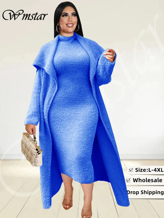 Wmstar Plus Size Women Clothing Dress Sets 2 Piece Outfits Dresses and Cardigan Matching Suit Wholesale Dropshipping (with Belt)