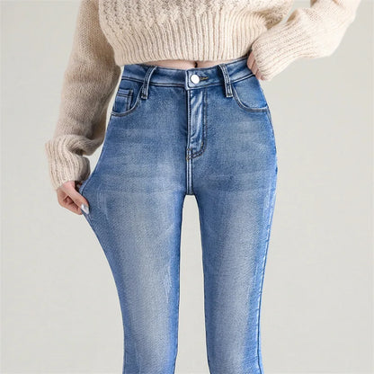 Women Thermal Jeans Winter Snow Warm Plush Stretch Jeans Lady Skinny Thicken Fleece Students Pants Female Retro Blue Trousers