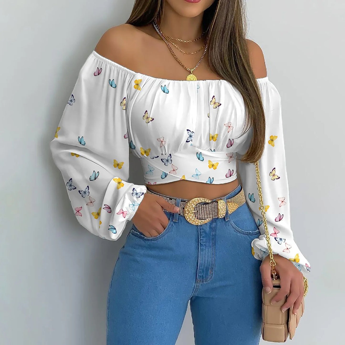 Women Sexy Off Shoulder Printing Blouses Chic and Elegant Lantern Long Sleeve Lace Up Bow Cropped Tops Casual Slim Shirts 2023