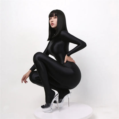 Women Oily Glossy Long Sleeve Elastic Bodysuit Bodycon Rompers One-piece Swimsuit Silky Tights Satin Pantyhose Jumpsuits Thong