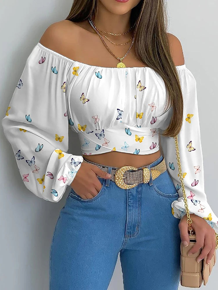 Women Sexy Off Shoulder Printing Blouses Chic and Elegant Lantern Long Sleeve Lace Up Bow Cropped Tops Casual Slim Shirts 2023