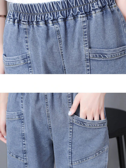 Vintage High Waist Ankle-length Blue Jeans Harem Elastic Denim Pants Large Size 4xl Woman Jogger Vaqueros Casual Baggy Spodnie