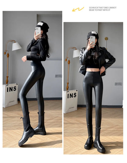 Women's Autumn Sexy Pu Leather Leggings Ladies Winter High Waist Trousers Girl Multicolour Tights Stretch Soft Thin Fleece Pants