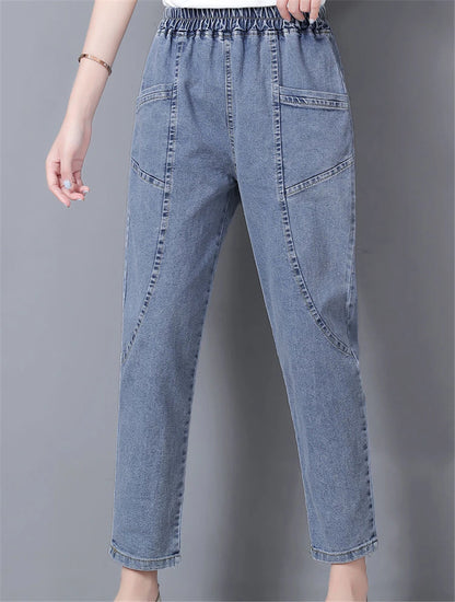 Vintage High Waist Ankle-length Blue Jeans Harem Elastic Denim Pants Large Size 4xl Woman Jogger Vaqueros Casual Baggy Spodnie