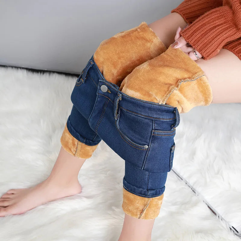 Women Thermal Jeans Winter Snow Warm Plush Stretch Jeans Lady Skinny Thicken Fleece Students Pants Female Retro Blue Trousers