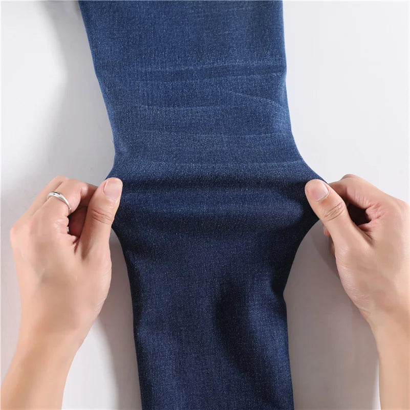 Women Thermal Jeans Winter Snow Warm Plush Stretch Jeans Lady Skinny Thicken Fleece Students Pants Female Retro Blue Trousers