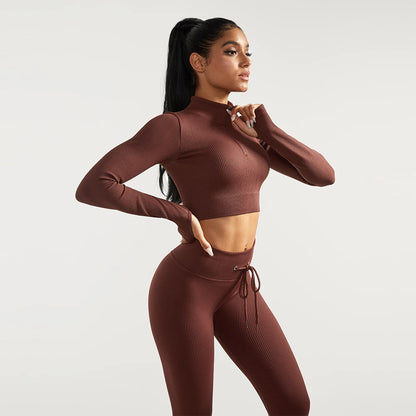 2 PCS Women's Fitness Sports Suits Seamless Yoga Sets Sportswear Workout Gym Clothing Drawstring High Waist Leggings Tracksuit