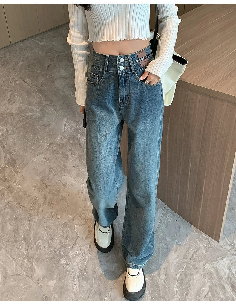 Winter Jeans Women Fleece Warm Denim Trousers High Waist Casual Loose Female Denim Pants Thick Velvet Cotton Wide Leg Woman Jean