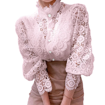 Women's Elegant Embroidery Lace Blouses Flower Petal Sleeve Hollow Out Stand Collar Tunic Spring Solid White Shirt Top For Women