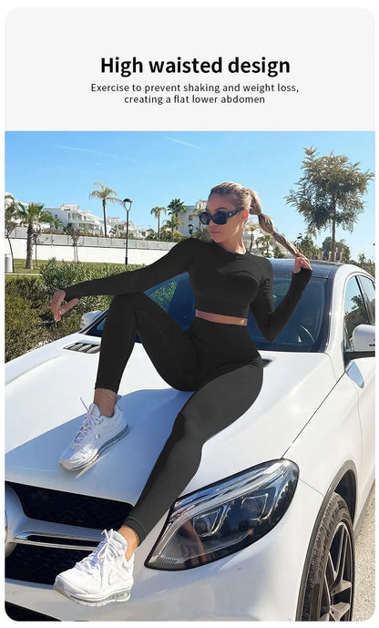 Women Yoga Sets Workout 2 Pieces Seamless Sportswear Gym Clothing Tracksuit Long Sleeve Crop Top High Waist Leggings for Fitness