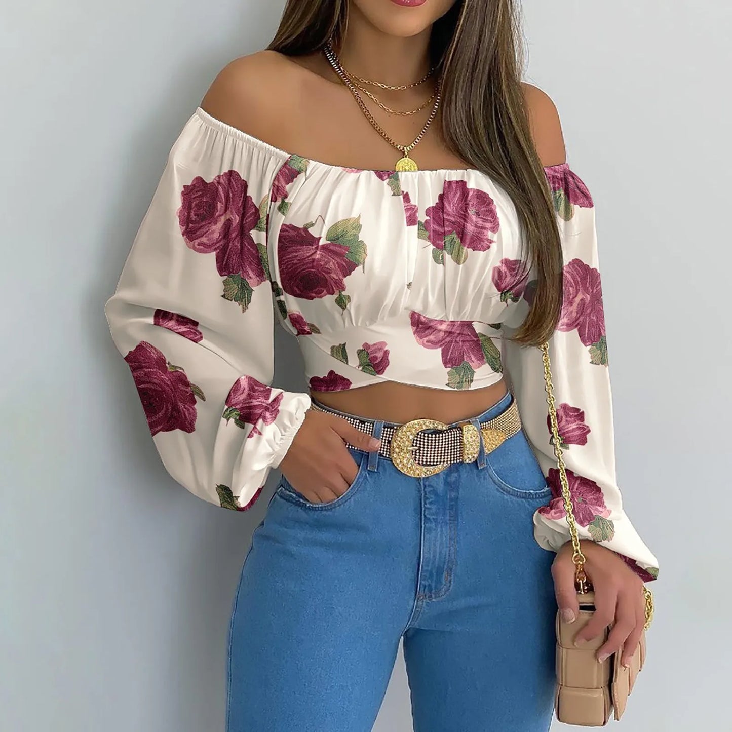 Women Sexy Off Shoulder Printing Blouses Chic and Elegant Lantern Long Sleeve Lace Up Bow Cropped Tops Casual Slim Shirts 2023