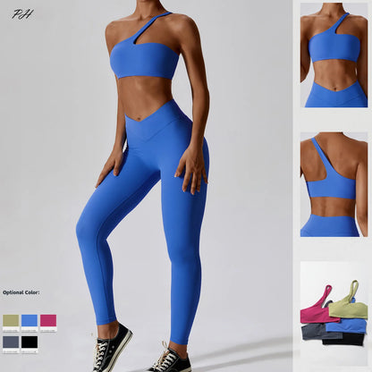 Women Sexy Sport Yoga Set Outfit Fitness Workout Clothes Diagonal Shoulder Sports Top Leggings Suit Leisure Running Sportwear