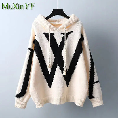 Women's Autumn Winter New Knit Hooded Sweater High Waist Midi Skirt Two Piece Korean Elegant Loose Pullover Dress Matching Set