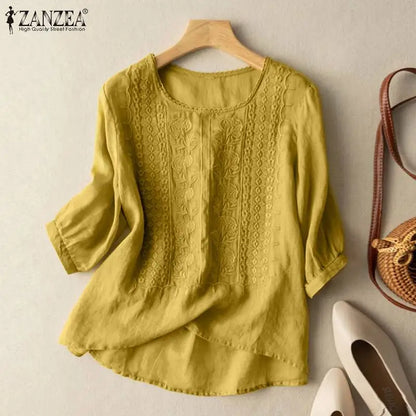 Vintage Shirts ZANZEA Summer Lace Crochet Blouse Women 3/4 O Neck Sleeve Tops Embroidery Blusas Femme Causal Cotton Chemsie