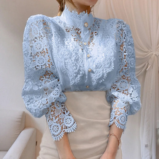 Women's Elegant Embroidery Lace Blouses Flower Petal Sleeve Hollow Out Stand Collar Tunic Spring Solid White Shirt Top For Women