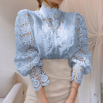 Women White Lace Blouse Big size Sexy Long Sleeve Lace Basic Shirt Top Spring Summer Korea Elegant Flower Blouse Office Outfit