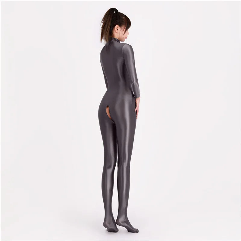 Women Oily Glossy Long Sleeve Elastic Bodysuit Bodycon Rompers One-piece Swimsuit Silky Tights Satin Pantyhose Jumpsuits Thong