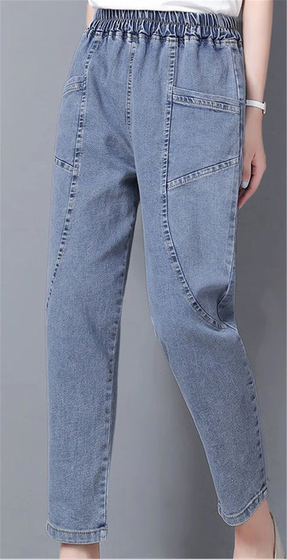 Vintage High Waist Ankle-length Blue Jeans Harem Elastic Denim Pants Large Size 4xl Woman Jogger Vaqueros Casual Baggy Spodnie