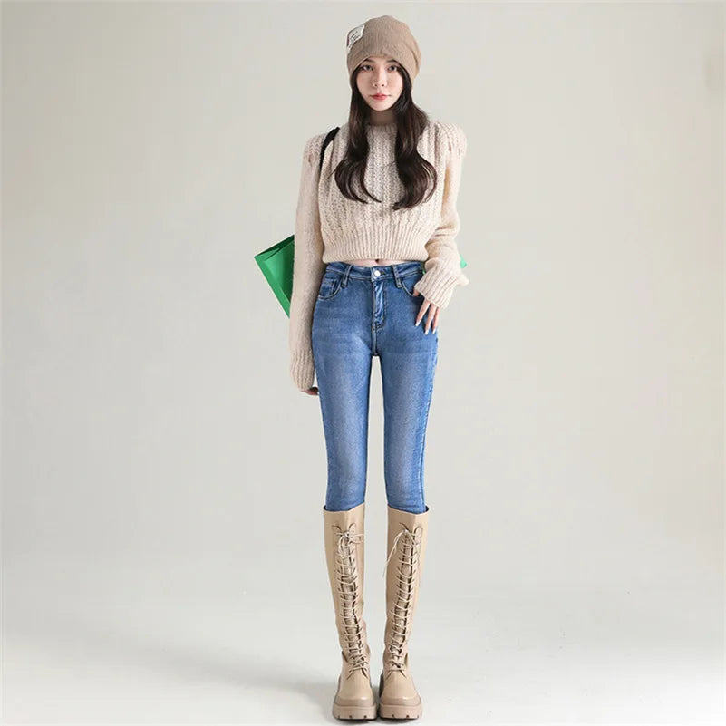 Women Thermal Jeans Winter Snow Warm Plush Stretch Jeans Lady Skinny Thicken Fleece Students Pants Female Retro Blue Trousers