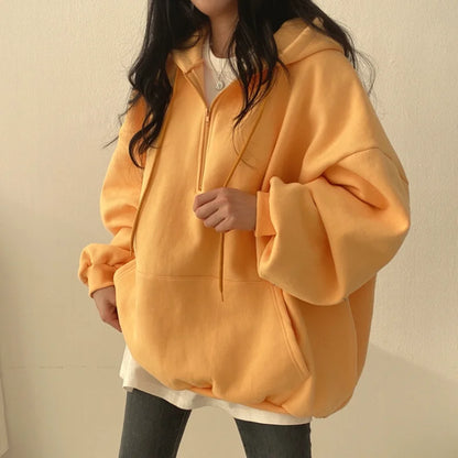 Women Hoodie Harajuku Loose Oversized Solid Color Top Half Zip Up Sweatshirt Female Casual Long Sleeve Pocket Hooded Coats 2024