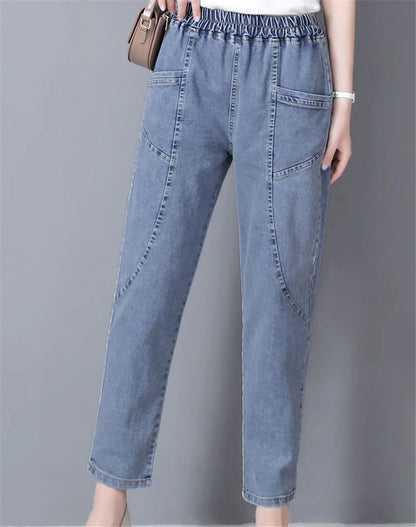 Vintage High Waist Ankle-length Blue Jeans Harem Elastic Denim Pants Large Size 4xl Woman Jogger Vaqueros Casual Baggy Spodnie