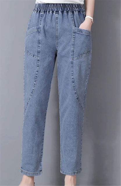 Vintage High Waist Ankle-length Blue Jeans Harem Elastic Denim Pants Large Size 4xl Woman Jogger Vaqueros Casual Baggy Spodnie