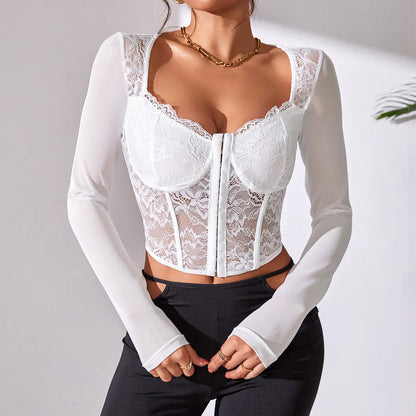 Vemina Selection of Autumn Backless Sexy Lace Long Sleeve Women Blouse,Black Embroidery Floral Bare Shoulder Bodycon Crop Top