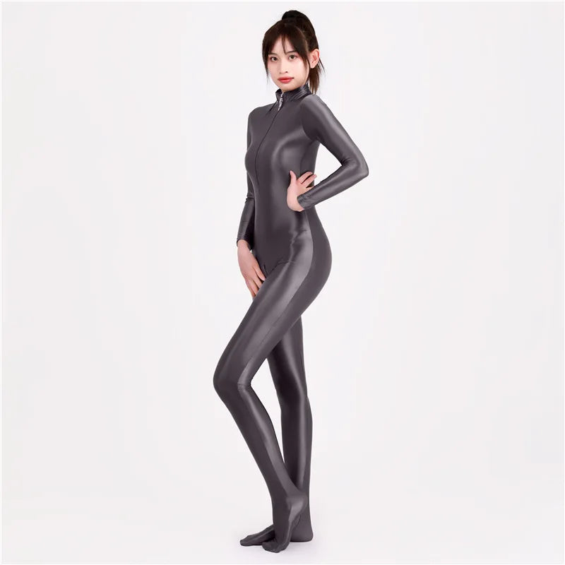 Women Oily Glossy Long Sleeve Elastic Bodysuit Bodycon Rompers One-piece Swimsuit Silky Tights Satin Pantyhose Jumpsuits Thong