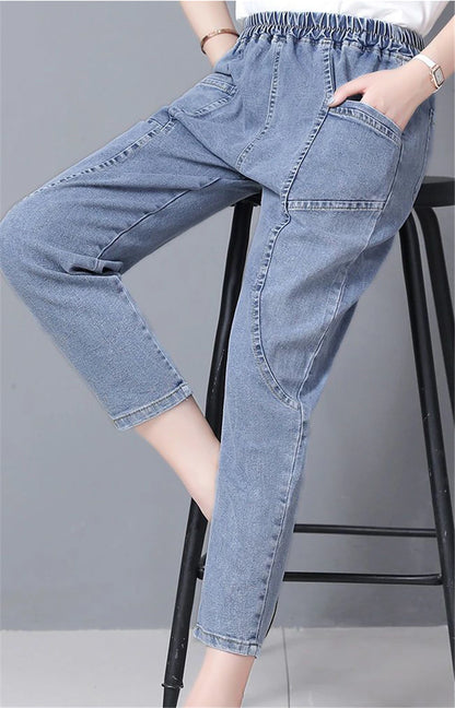 Vintage High Waist Ankle-length Blue Jeans Harem Elastic Denim Pants Large Size 4xl Woman Jogger Vaqueros Casual Baggy Spodnie