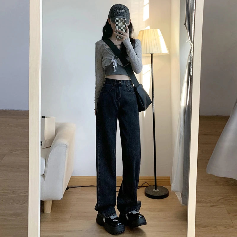 ZOENOVA High Waisted Jeans Y2K Fashion Women Clothing Blue Black Straight Leg Denim Pants Trousers Mom Jean Baggy Trousers Tall