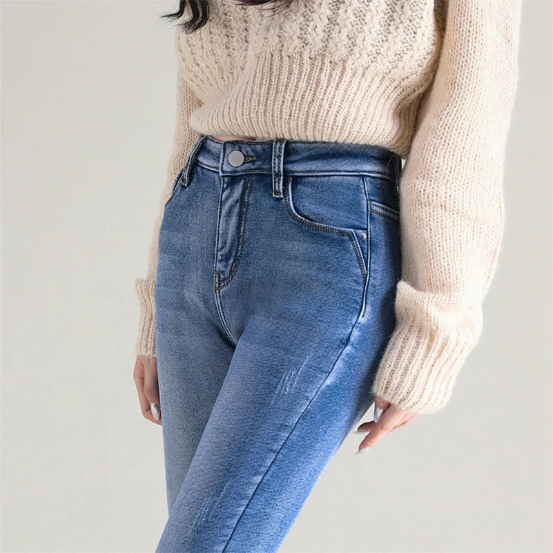 Women Thermal Jeans Winter Snow Warm Plush Stretch Jeans Lady Skinny Thicken Fleece Students Pants Female Retro Blue Trousers