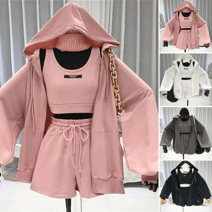 1 Set Casual Three Pieces Women Coat Drawstring Shorts Vest Set Breathable Women Hoodie Pocket Design Zipper Closure for Female