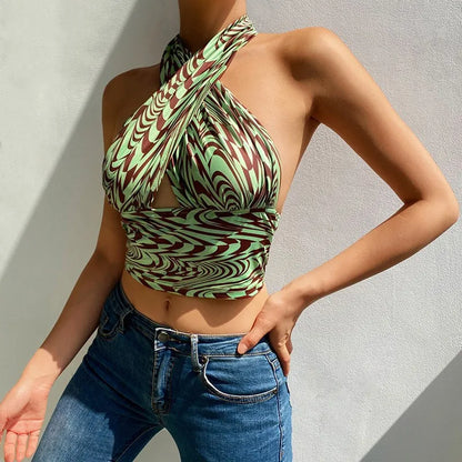 Women Summer Tank Tops Sexy Color Matching Cross Sleeveless Halter Neck Backless Crop Tops High Street Wear 2023 New Fashion