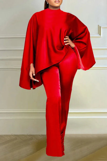 Winter Fashion Satin Two Piece Set African Women Elegant Solid  Loose Batwing Sleeves Top Wide Leg Pants Two Piece Set Women