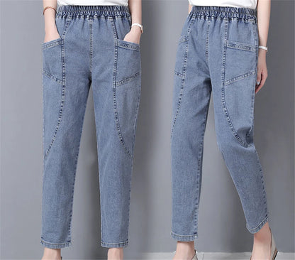 Vintage High Waist Ankle-length Blue Jeans Harem Elastic Denim Pants Large Size 4xl Woman Jogger Vaqueros Casual Baggy Spodnie