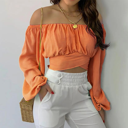 Women Sexy Off Shoulder Printing Blouses Chic and Elegant Lantern Long Sleeve Lace Up Bow Cropped Tops Casual Slim Shirts 2023