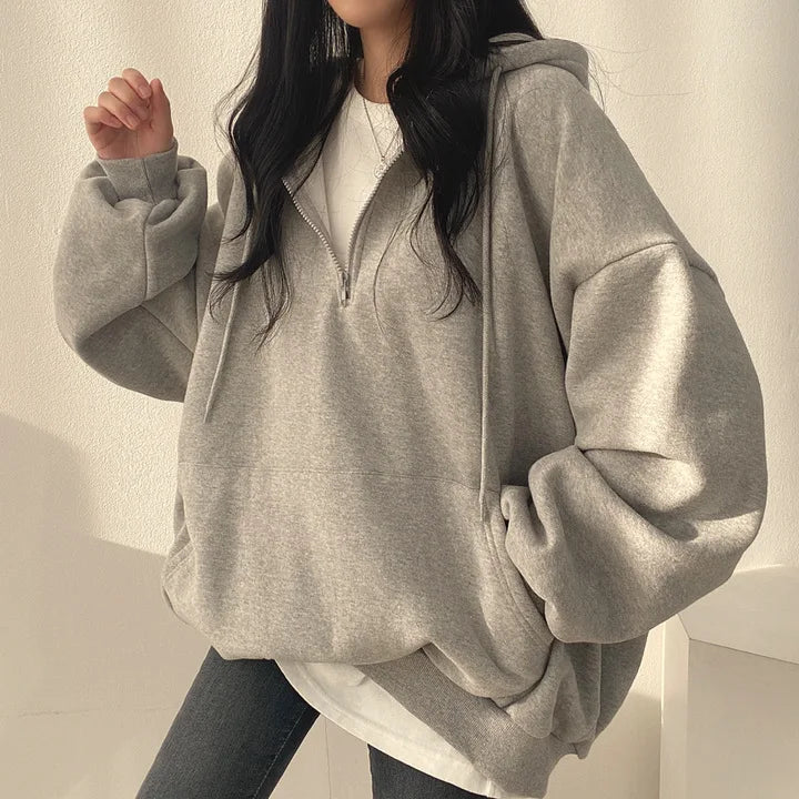 Women Hoodie Harajuku Loose Oversized Solid Color Top Half Zip Up Sweatshirt Female Casual Long Sleeve Pocket Hooded Coats 2024