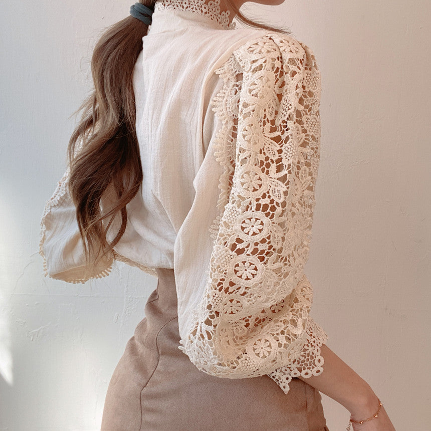 Women White Lace Blouse Big size Sexy Long Sleeve Lace Basic Shirt Top Spring Summer Korea Elegant Flower Blouse Office Outfit