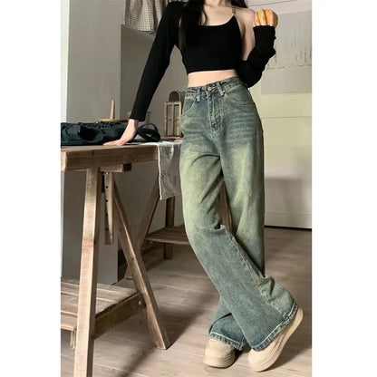 Vintage 90S Baggy Straight Denim Trousers Female Y2K High Waist Loose Wide Leg Jeans Women Streetwear All-Match Casual Pants New