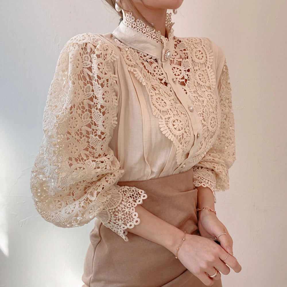 Women's Elegant Embroidery Lace Blouses Flower Petal Sleeve Hollow Out Stand Collar Tunic Spring Solid White Shirt Top For Women