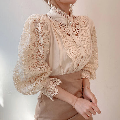 Women's Elegant Embroidery Lace Blouses Flower Petal Sleeve Hollow Out Stand Collar Tunic Spring Solid White Shirt Top For Women