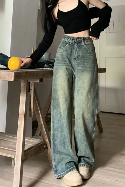 Vintage 90S Baggy Straight Denim Trousers Female Y2K High Waist Loose Wide Leg Jeans Women Streetwear All-Match Casual Pants New