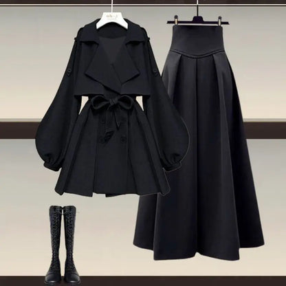 Women's 2023 Autumn/Winter New Fashion Waist Jacket Midi Skirt Two Piece Suit Korean Elegant Loose Coat Dress Matching Set