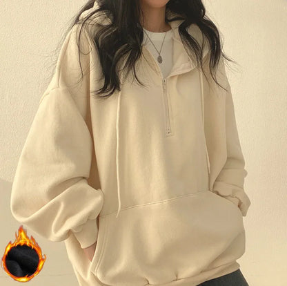 Women Hoodie Harajuku Loose Oversized Solid Color Top Half Zip Up Sweatshirt Female Casual Long Sleeve Pocket Hooded Coats 2024