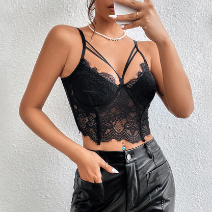 Vemina Lace Hollowing Mesh See Through Sleeveless Crop Top,Nightclub Style Sexy Embroidery Floral Halter Camisole Vneck Corset