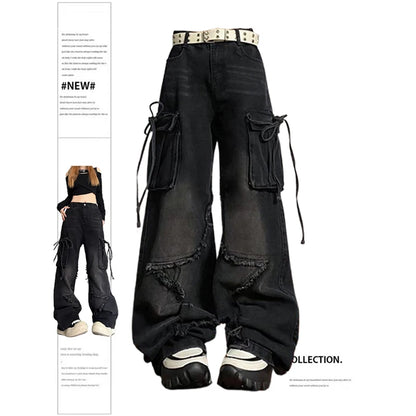 Women's Black Gothic Baggy Cargo Jeans with Star Harajuku Y2k 90s Aesthetic Denim Trousers Emo 2000s Jean Pants Vintage Clothes